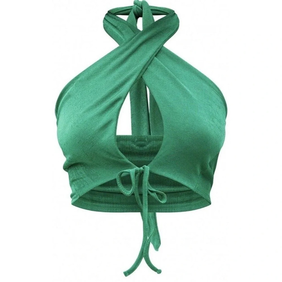 PLT PrettyLittlething Green Cross Over Halter Neck Acetate Slinky Crop Top 0 - Picture 3 of 7